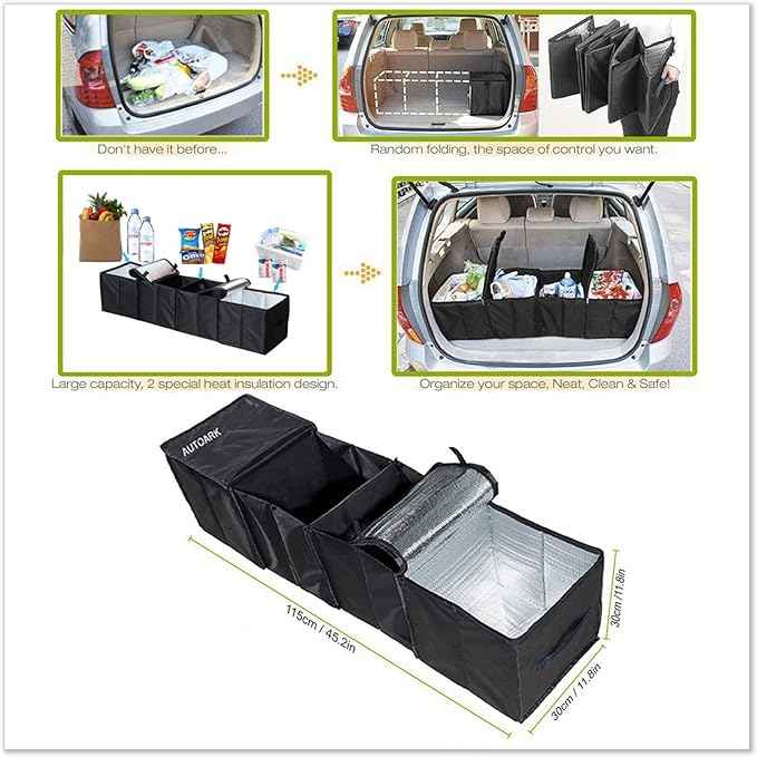 Cargo Foldable Multi Compartment Fabric Car Truck Van SUV Storage Basket Trunk Organizer and Cooler Set,Black,AK-018