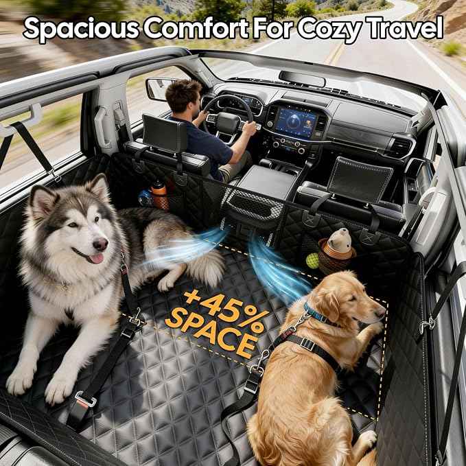 Wigoo Dog Truck Seat Cover for Back Seat, Dog Hammock with Hard Bottom Support (450lbs), Heavy Duty Waterproof Car Bed Extender for 2-4 Large Dogs, Backseat Protector for SUV & Truck, XL Size, Black