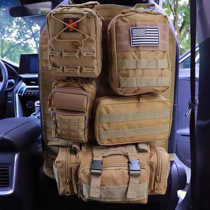 Universal Tactical Car Seat Back Organizer Bag Tactical Molle Vehicle Organizers Panel Vehicle Protector Organizers with 5 Detachable Pouches for Car Truck Ford Jeep (Model A-Khaki)