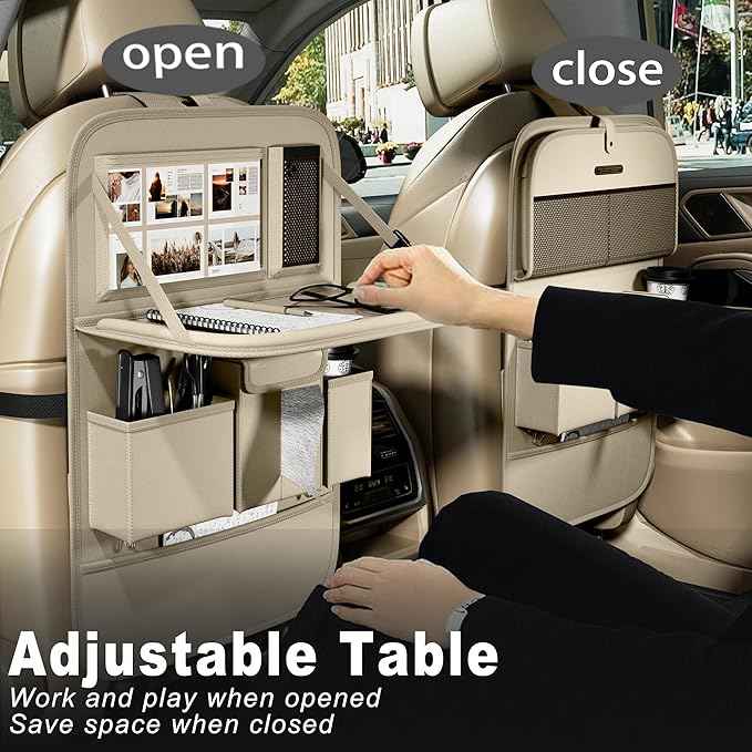 Car Seat Organizers,Multi-functional Back Seat Protectors, Storage Pouches, and Tray Holders (for Cars, Kids, Seat Back and Rear Seats) (Plain Beige, 2 Pcs)