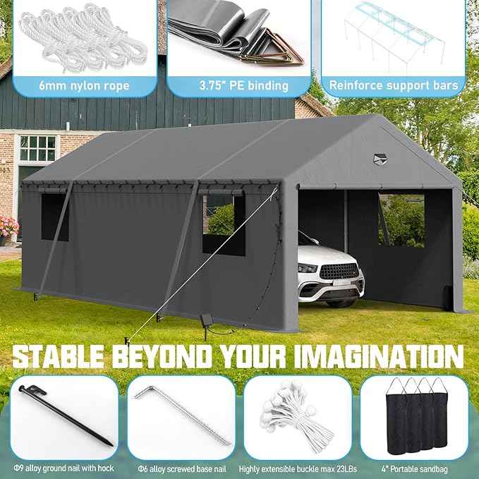 Carports Canopy Heavy Duty, Portable Garage with Sidewalls (13x25, Grey)