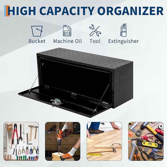 Garvee 24 Inch Heavy Duty Aluminum Tool Underbody Box, Waterproof Square Truck Storage Organizer Chest for Pick Up Truck Bed, Rv Trailer (24" X 12" X 14" - Black)