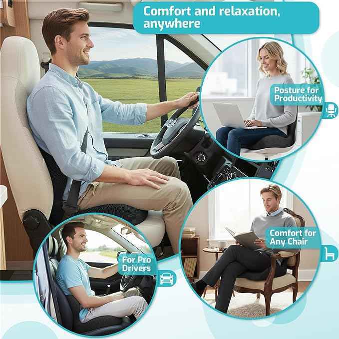 Trucker Seat Cushion, Car Seat Cushions with Lumbar Support Pillow, Ergonomic L-Shaped Orthopedic Memory Foam Pad for Long Driving Back Pain Sciatica Relief, Drivers Office Workers (Black+Mesh Cloth)