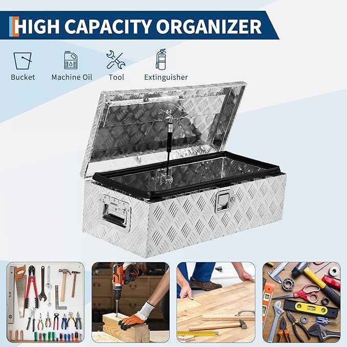 39 Inch Heavy Duty Aluminum Stripes Plated Tool Box Pick Up Truck Bed RV Trailer Toolbox Waterproof Storage Organizer with Side Handle, Lock and Keys