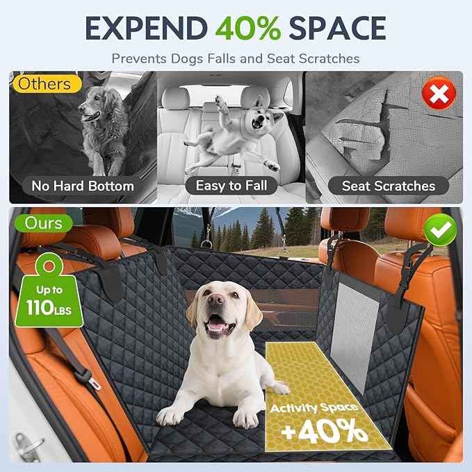 Large PU Dog Car Seat - Waterproof Dog Back Seat Cover with 3 Mesh Windows - Hard Bottom Extender, Safety Belt, Non-Slip Hammock for SUV, Truck, Car