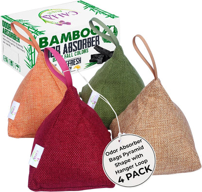 4 Pack Bamboo Charcoal Air Purifier Bags 200 Grams Each - Odor Absorber & Eliminator for Home, Car, Pets, Activated Charcoal Natural Freshener, Eco-Friendly & Reusable (Fall Colors)