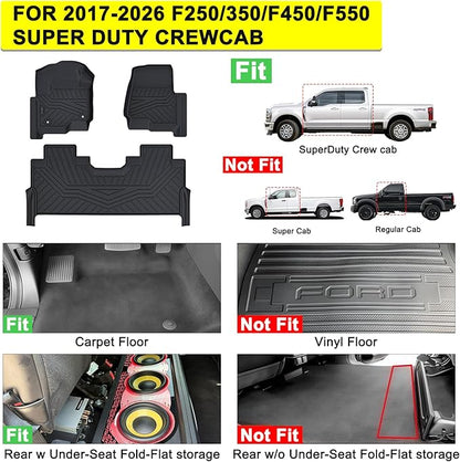 Heavy-Duty TPE Floor Mats for 2017-2026 Ford F-250/F-350/F-450/F-550 Crew Cab, 1st & 2nd Row Custom Fit (Fits Bucket Seats/Factory Rear Storage Box) 4 Door Ford Accessorie