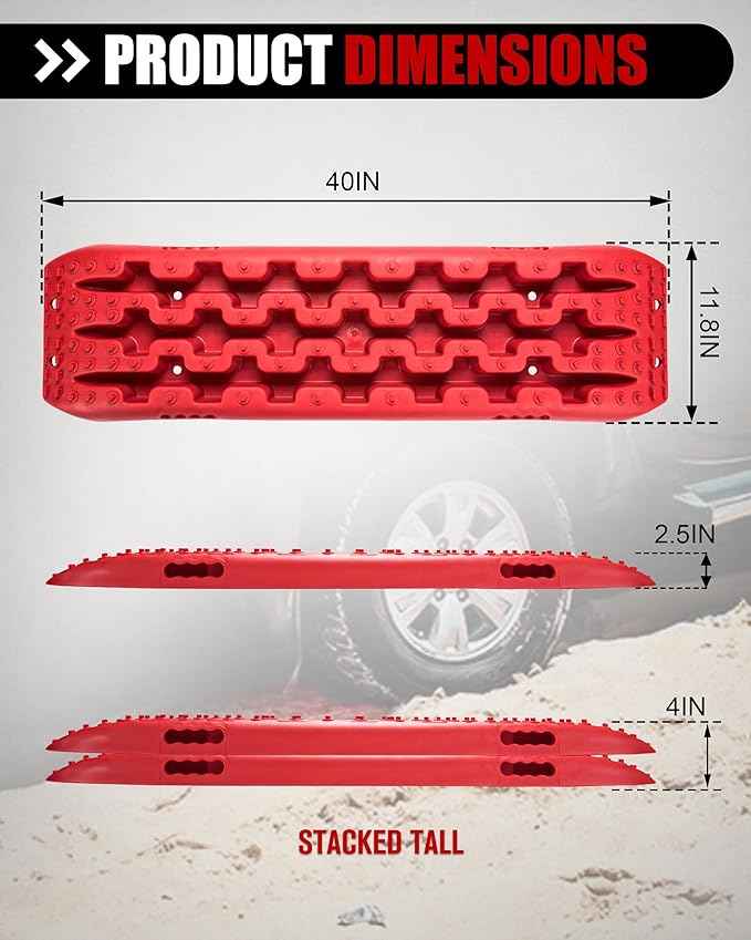 FieryRed Traction Boards Offroad, Recovery Boards with 2 Leashes and Carry Bag, 2Pcs Traction Mat Recovery Tracks for Sand Mud Snow Track Tire Ladder 4X4, Red GEN1th