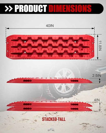 FieryRed Traction Boards Offroad, Recovery Boards with 2 Leashes and Carry Bag, 2Pcs Traction Mat Recovery Tracks for Sand Mud Snow Track Tire Ladder 4X4, Red GEN1th