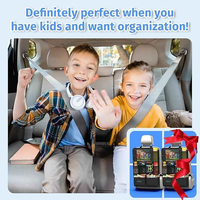 Car Backseat Organizer with Tablet Holder,11 Storage Pockets with Foldable Food Tray, Protector Kick Mats for Kids, Travel Accessories Organizer (Black, 2-Pack)