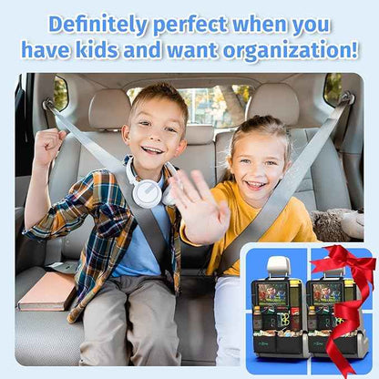Car Backseat Organizer with Tablet Holder,11 Storage Pockets with Foldable Food Tray, Protector Kick Mats for Kids, Travel Accessories Organizer (Black, 2-Pack)