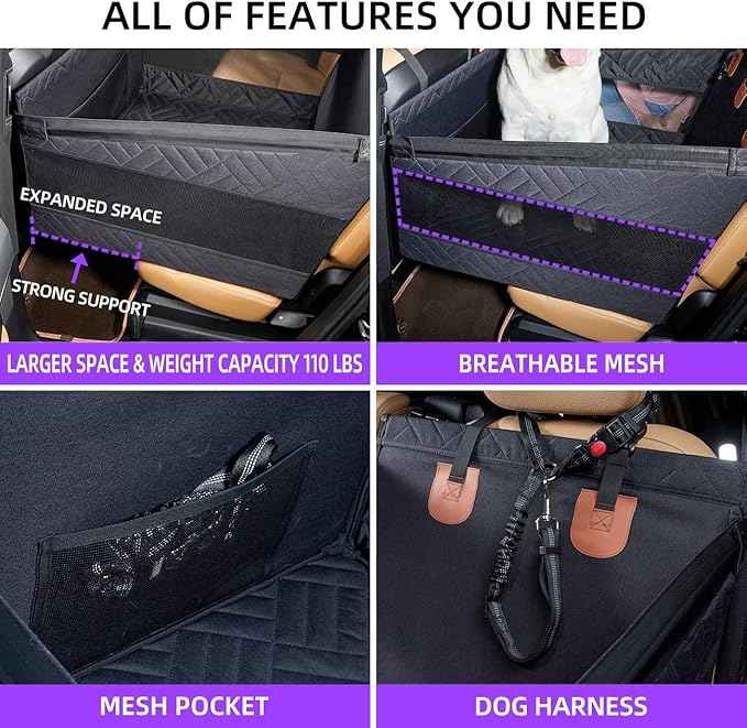 Large Dog Car Seat,Back Seat Extender for Dogs,Waterproof Medium Dog Seat Cover for Backseat, Pet Bed for Car Hammock(Black-L)