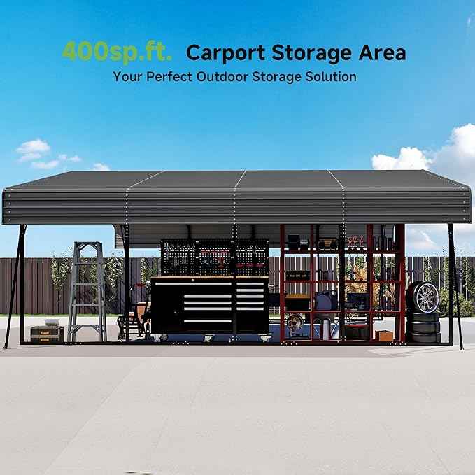 20x20FT Heavy Duty Metal Carport,Outdoor Garage with Removable Sidewalls & Doors, Heavy Duty Steel Frame and Galvanized Roof for Cars and Boats, Gray