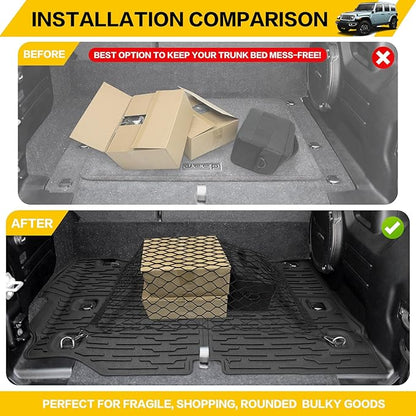 Trunk Mat with Net for 2021-2025 Jeep Wrangler JL Unlimited 4XE Accessories All Weather Protection Rear Trunk Liner Cargo Net for 21-25 JL JLU 4XE 4 Door(Not for 4X4)