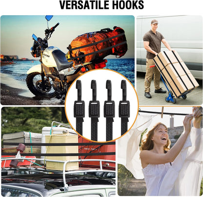 Bungee Cords with Hooks Heavy Duty, Flat Adjustable Bungee Cords with Hooks 32 Inch, Rubber Black Bungee Straps with Buckle Hooks for Outdoor, Camping, Tarps, Bike Rack, Tent, Truck, 4 Pack