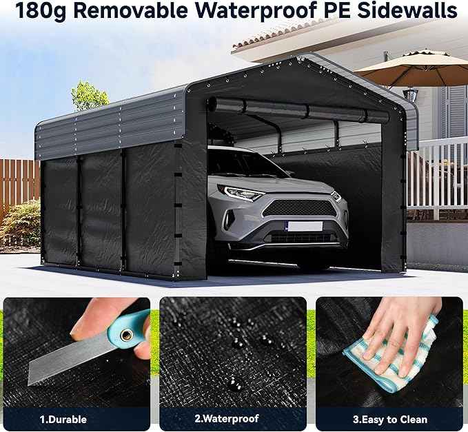 10x15FT Heavy Duty Metal Carport, Outdoor Carport Canopy with Galvanized Steel Roof and Reinforced Base,Removable Sidewalls & Door, Garage Shelter Shade for Cars,Trucks, Boats, Gray