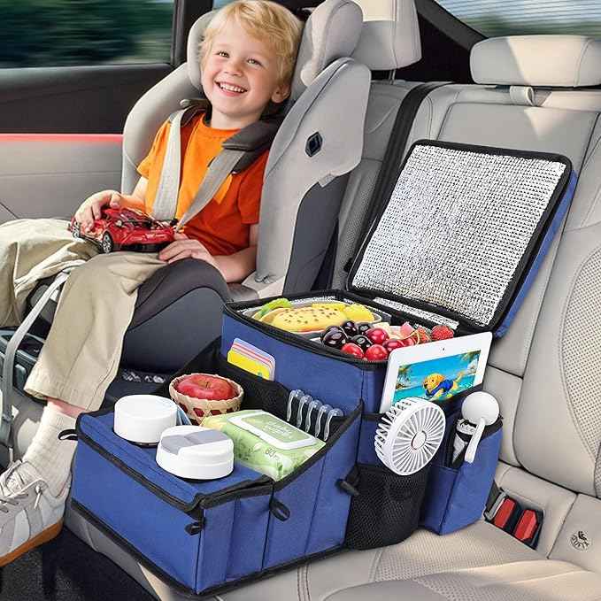 COOLBEBE Car Seat Organizer, Backseat Car Organizer with Cup Holders for Kids and Adults Travel, Cooler Compartment Passenger Seat Organizer Storage Box for Front or Middle Seat, Navy Blue
