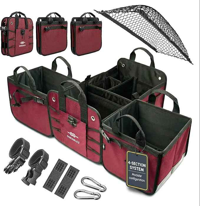 4-Section Trunk Organizer for SUV, Truck, Van, Sedan – Modular Extra Large Cargo Bin, Detachable Car Trunk Storage with Dividers, Collapsible Auto Organization System – Cherry