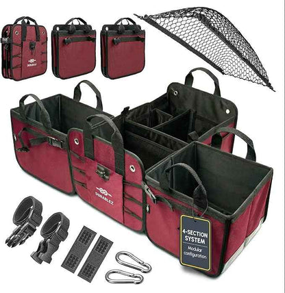 4-Section Trunk Organizer for SUV, Truck, Van, Sedan – Modular Extra Large Cargo Bin, Detachable Car Trunk Storage with Dividers, Collapsible Auto Organization System – Cherry