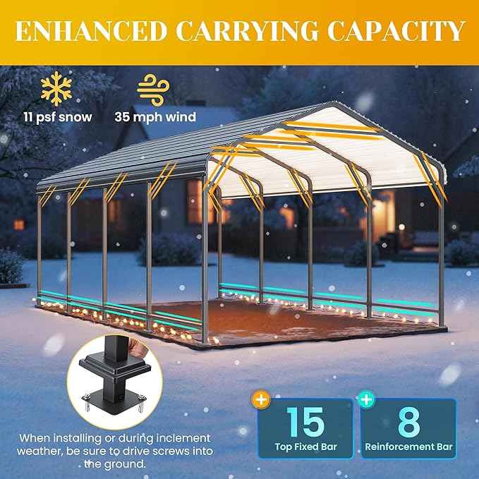 12' x 20' Carport, Heavy Duty Carport with Updated Roof & Enhanced Base, All Weather Steel Car Port, Multi-Use Car Port Garage, Metal Carports for Car, Truck, Boat, Tractors, Party, Grey