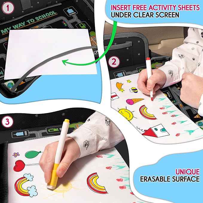 Kids Travel Tray - Waterproof Lap Table with No-Drop Large Tablet Holder - Car Seat Tray - Road Trip Essentials Kids - Car Desk Organizer for Airplane - Toddler Travel Essentials