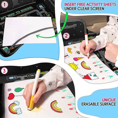 Kids Travel Tray - Waterproof Lap Table with No-Drop Large Tablet Holder - Car Seat Tray - Road Trip Essentials Kids - Car Desk Organizer for Airplane - Toddler Travel Essentials