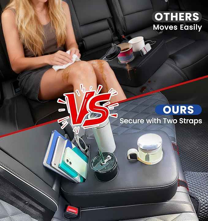 Upgraded Car Cup Holder with Dual Secure Straps, Back Seat Cup Holder for Car, PU Leather Truck Cup Holder, Boat Tray Organizer for Trucks, Minivans, SUVs, RVs, Holds Coffee, Snacks, Cell Phone