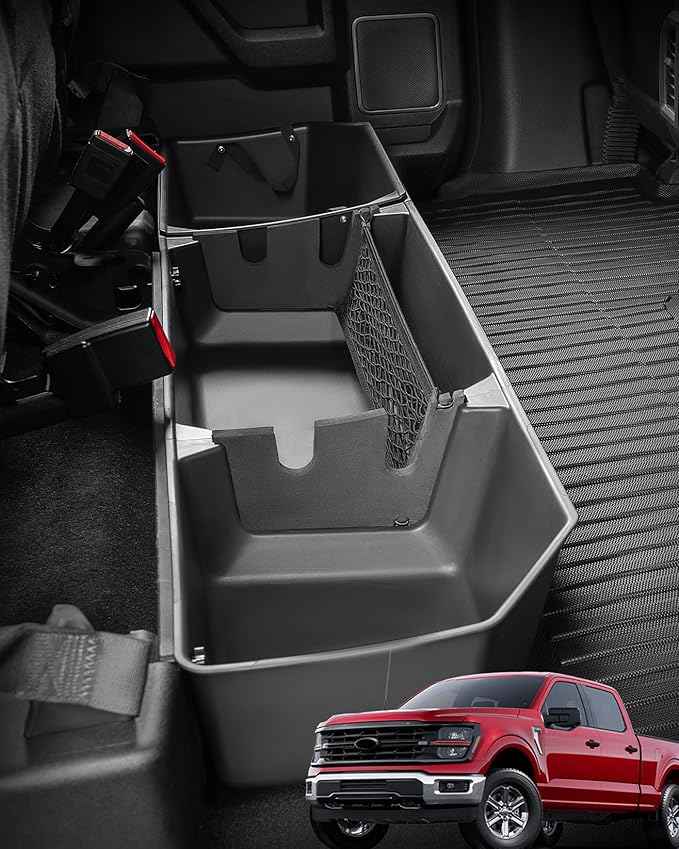 DiffCar® Truck Underseat Storage for Ford F150: 2015-2026 SuperCrew/Crew Cab, Rear Under Seat Organizer Tool Box Car Accessories for Ford F-150 F250 F350 F450 F550 Super Duty(w/Detach Bin & Mesh Net)