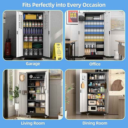 Aobabo Upgraded Garage Storage Cabinets with Wheels,Metal Storage Cabinets with 5 Adjustable Shelves for Garage Home Office Storage, Black&Silver,71''H*32''W*16''D,Assembly Required