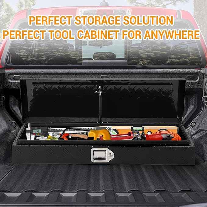 Truck Bed Tool Box,Heavy Duty Aluminum Five Stripes Plate Tool Box with 2 Sliding Shelf, Trailer Tool Box for Pick Up Truck RV Trailer, Chest Storage Organizer with Lock and Keys, 34.5''x12.75''x6.4''