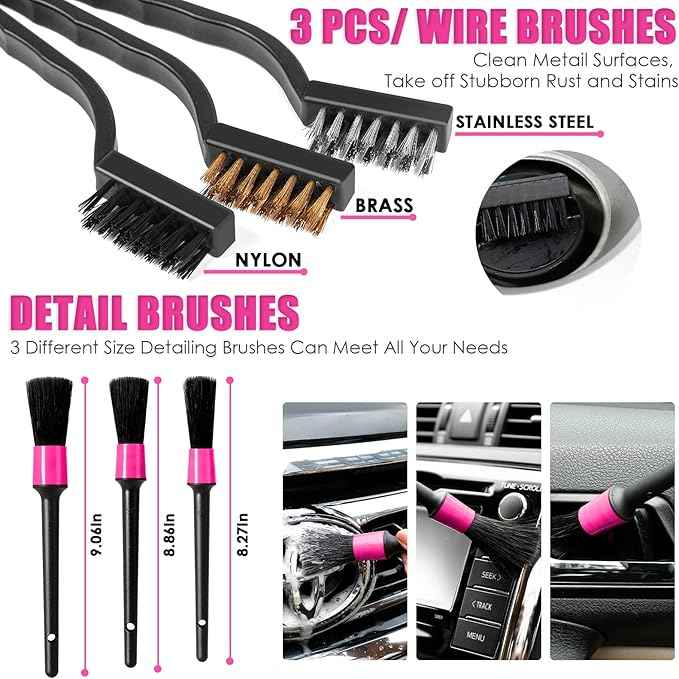 Viewsun 20PCS Car Cleaning Kit, Pink Car Interior Detailing Kit with Drill Brush Set, Windshield Cleaning Tool, Detailing Brushes, Wire Brushes, Cleaning Gel, Complete Cleaning Supplies for Women