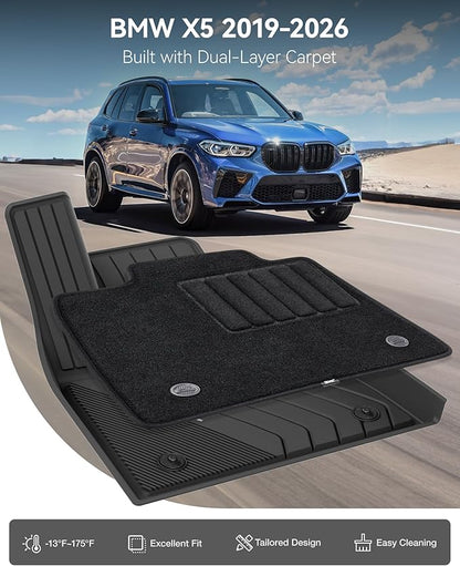 3W Floor Mats BMW X5 2019-2025 2026 40i/45e/50e/50i/M/M50i/M60i, Carpet Double Layer, All Weather TPE Heavy Duty 1st 2nd Row Floor Liner Accessories, Custom Fit