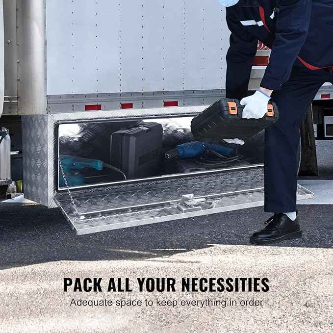 VEVOR Underbody Truck Box, 48"×17"×18" Pickup Storage Box, Heavy Duty Aluminum Diamond Plate Tool Box with Lock and Keys, Waterproof Trailer Storage Box with T-Handle Latch for Truck, Van, Trailer