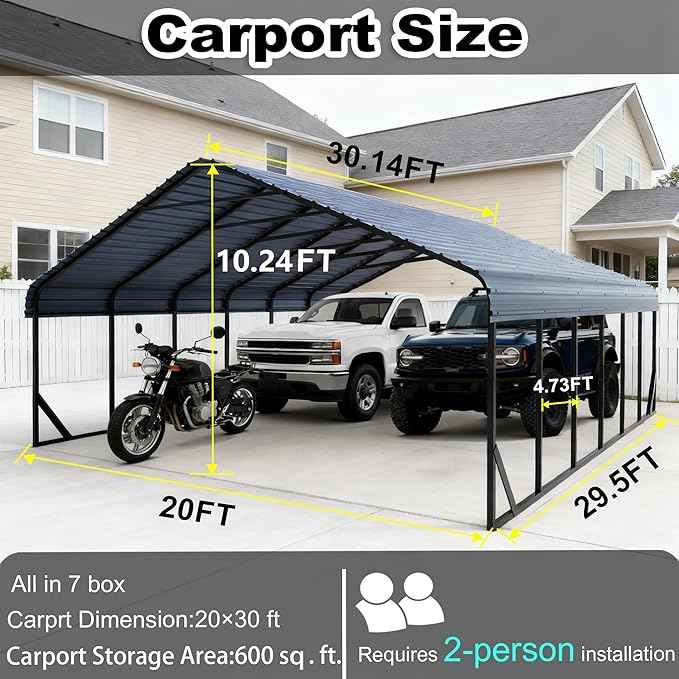 20x30 FT Heavy Duty Extra Large Metal Carport with Vertical Roof Design - All Weather Protection Galvanized Steel Shelter for 2 Car, Dual Vehicle, RV and Boat Storage (20x30 FT)