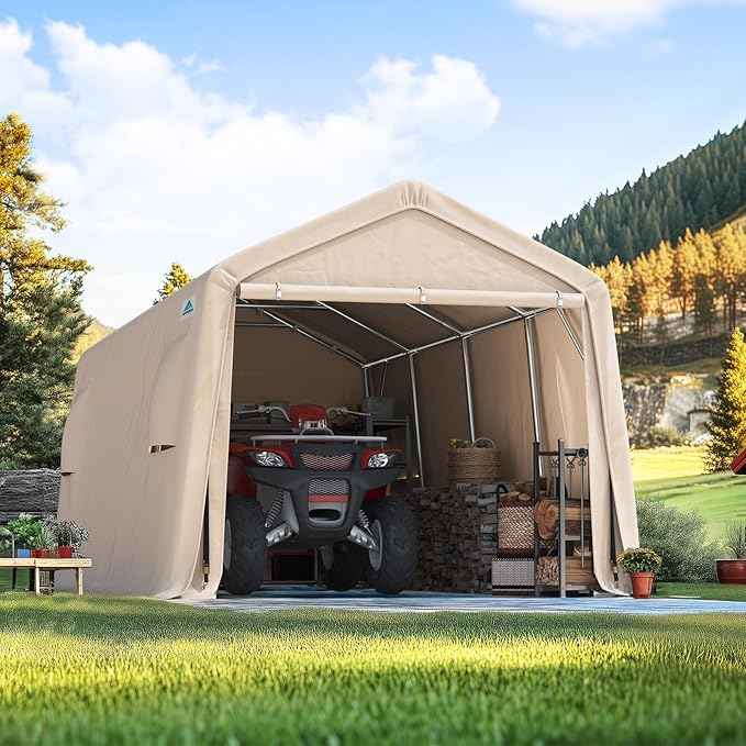 ADVANCE OUTDOOR Heavy Duty 10X20 ft Carport Outdoor Patio Portable Canopy Storage Shelter Shed with 2 Rolled up Zipper Doors & Vents for Snowmobile Garden Tools, Beige