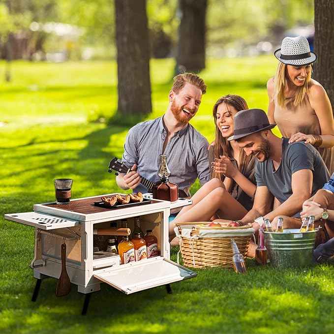 Folding Camping Storage Box with Wooden Table Board, Multi-functional Collapsible Camp Kitchen Box, 56L Storage Bin for Trunk Organizer for Outdoor Picnic, Car RV Storage and Organization