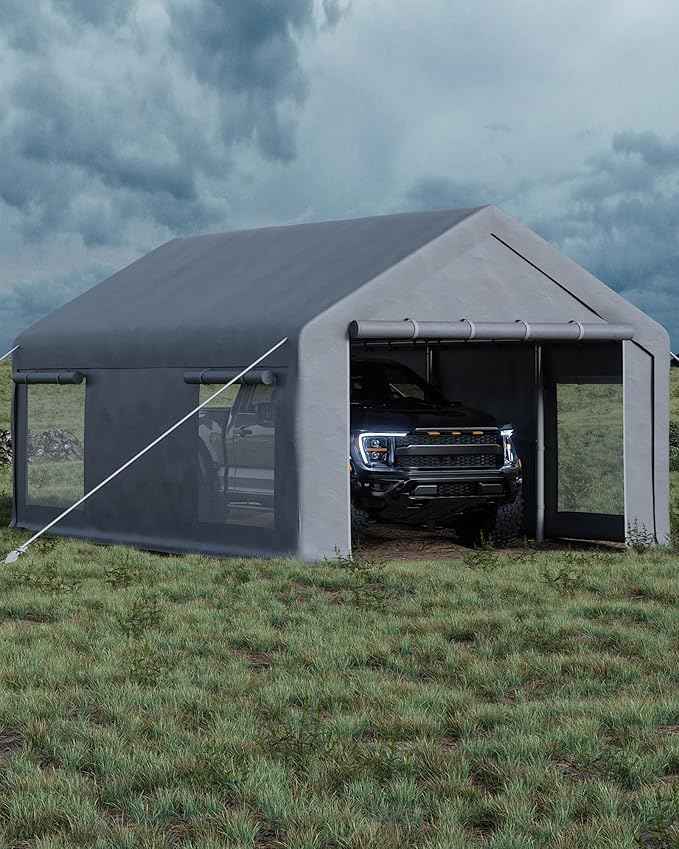 Garvee 12x20 ft Portable Garage, Car Port with 200 g PE Tarp Canopy, with 2 Roll-Up Doors and 4 Windows, for Temporary Paint Booth, Boats&Pickups Shed, and Event Shelter, Gray