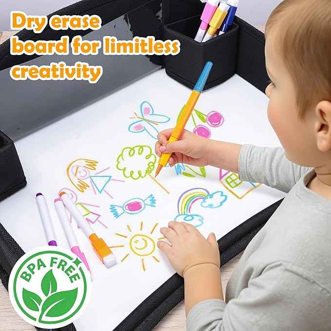 2Pcs Kids Travel Tray for Toddler Carseat, Road Trip Activities Essentials for Toddler, Kids Lap Desk Tray with Tablet Holder Stand ＆ Dry Erase Board (Black-2Pcs)