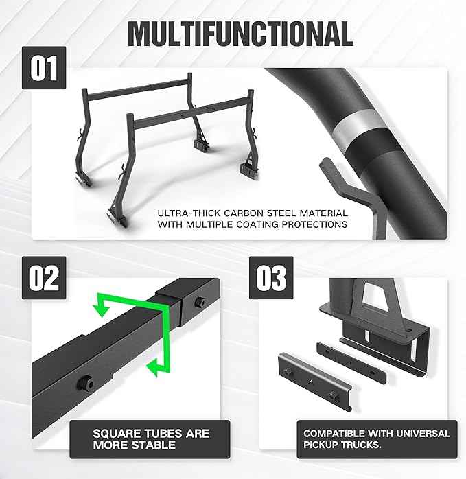 Universal Truck Bed Ladder Rack, Non-Drilling, 900 LBS Load Capacity, Fit Most Truck Bed Ranging from 53" to 68" Wide, Extendable Heavy Duty Steel Cargo Rack for Kayak, Surfboard, Lumber, Ladder