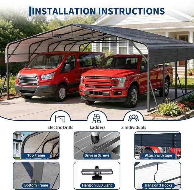 20x20FT Heavy Duty Metal Carport w/Led Light,Outdoor Portable Car Garage,Reinforced Base & Galvanized Steel Roof, Outdoor Car Port Canopy Shelter for Boats, Full-Sized Pickup Trucks