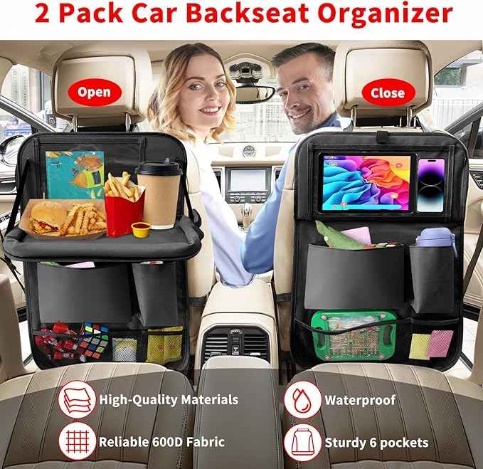 Car Backseat Organizer with Tablet Holder, 6 Storage Pockets Foldable Table Tray Seat Back Protectors Kick Mats Travel Accessories, 2 Pack Black