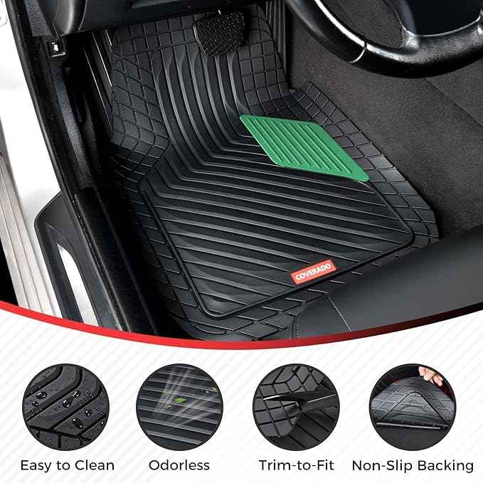 Coverado Car Floor Mats Full Set – Heavy-Duty PVC Floor Mats with Green Metallic Heel Pad, All-Weather Protection for Front & Rear, Non-Slip Backing, Easy-Clean Interior Liners