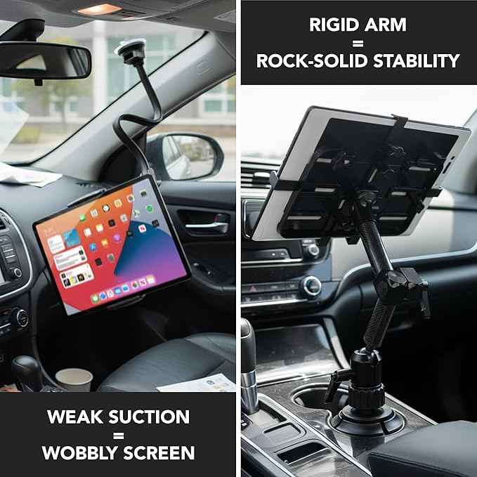 Mount-It! Carbon Fiber Cup Holder Tablet Mount Tablet Holder for Car Truck SUV, Adjustable 7–11 Inch iPad & Tablets, 18" Extension Arm, 360° Rotation, Fits 2.75"–3.5" Cupholders, ELD GPS Holder