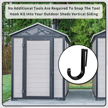 8 Pcs J Tool Hooks Plastic Multi Purpose Shed Organizer Accessories for Wall Black Shed Hanger Storage for Garage Hanging Shovel Rake Sports Equipment
