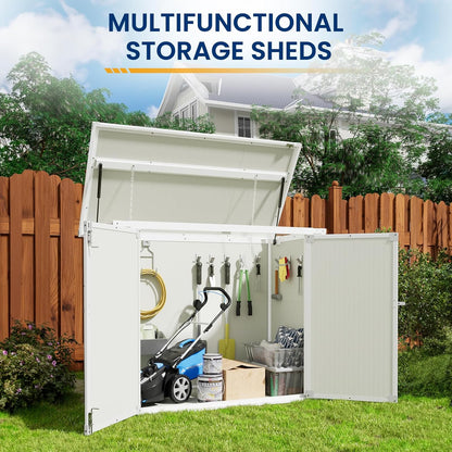 Amopatio 41 Cu Ft Outdoor Storage Shed, Horizontal Resin Trash Can Storage, Weather Resistance, Storage Box with Floor Included for Garden Tools, Lawn Mowers, Garbage Cans, Patio Use, Sandstone