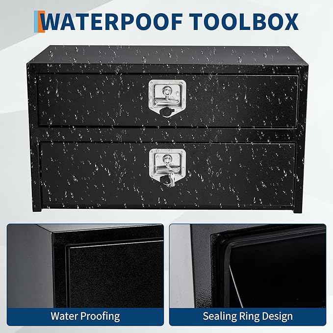 24'' Black Steel Truck Tool Box with Drawer, Heavy Duty Two-Tier Underbody Storage Organizer with Lock and Keys, Waterproof Pickup Truck Bed Toolbox for RV, Trailer, Cargo Equipment 24" x 18" x 20''