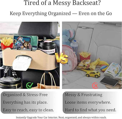 Mu&Ti Back Seat Car Organizer,4+2 in 1 Multifunctional Car Back Seat Storage Box with 2 Cup Holders, Tissue Box and Hook - Ideal for Kids and Travel(Beige)