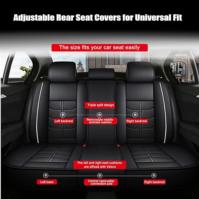 Amooca Car Seat Covers Full Set Automotive Seat Protection Fit for Most Cars SUVs Front & Back Seats Waterproof Nappa Leather Car Seat Cushion Protector Black