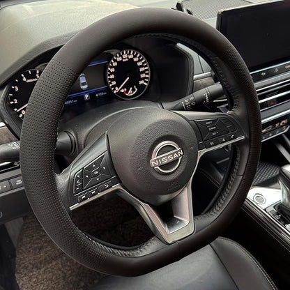 PINCTROT D Shaped Nappa Leather Steering Wheel Cover, Slim Fit No Bulk Design, One Piece Leather with Breathable Perforation, Fit Like Gloves, Flat Bottom 14.5-15 Inch(Nappa Black)