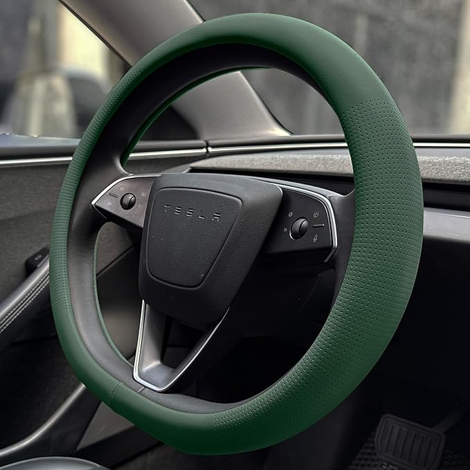PINCTROT Nappa Leather Steering Wheel Cover for Tesla Model Y/3 Highland/Juniper, D Shaped 14 Inch Small Sized with Breathable Perforation, Fit Like Gloves, Flat Bottom 14 Inch(Nappa Green)